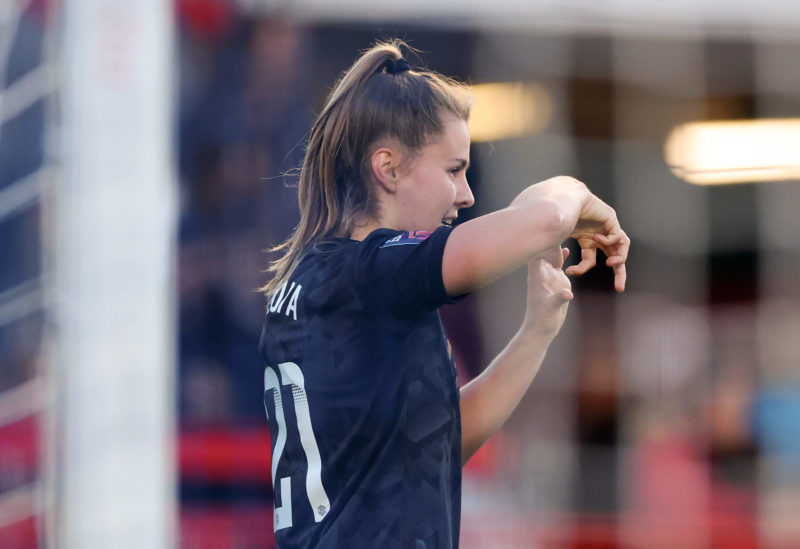 CRAWLEY, ENGLAND - MAY 10: Victoria Pelova of Arsenal celebrates after scoring the team's fourth goal during the FA Women's Super League match between Brighton & Hove Albion and Arsenal at Broadfield Stadium on May 10, 2023 in Crawley, England. (Photo by Warren Little/Getty Images)