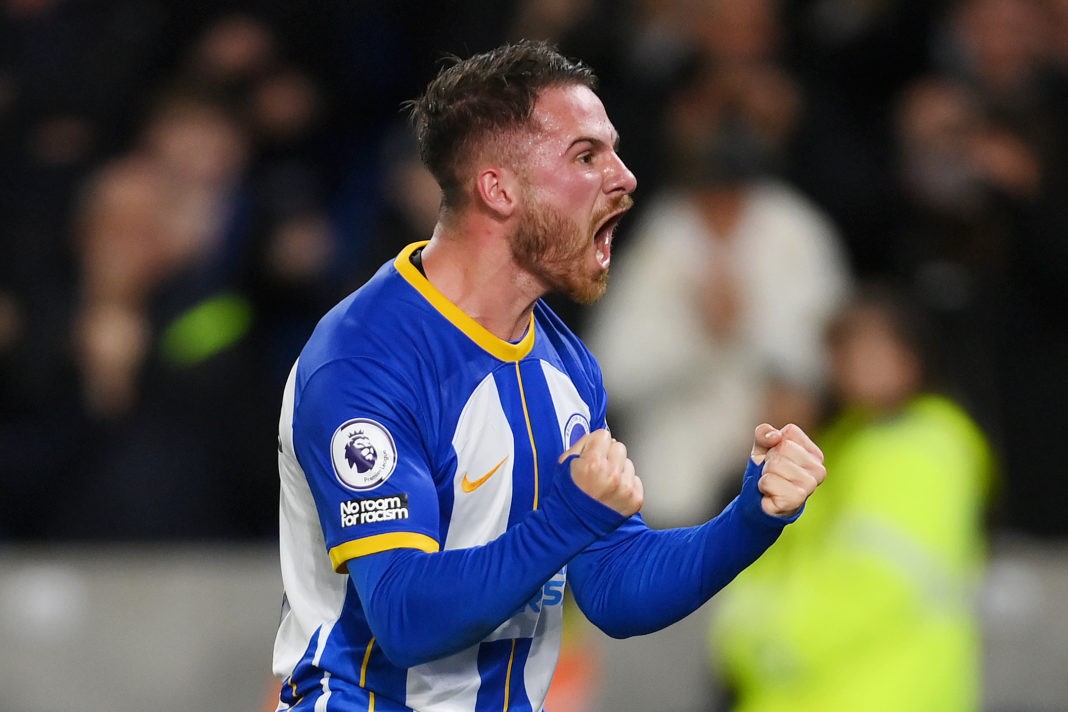 BRIGHTON, ENGLAND - MAY 04: Alexis Mac Allister of Brighton & Hove Albion celebrates after scoring the team's first goal from the penalty spot during the Premier League match between Brighton & Hove Albion and Manchester United at American Express Community Stadium on May 04, 2023 in Brighton, England. (Photo by Mike Hewitt/Getty Images)