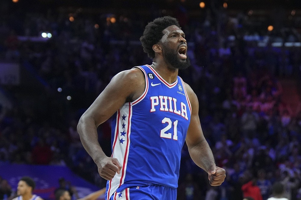 PHILADELPHIA, PA: Joel Embiid #21 of the Philadelphia 76ers reacts against the Brooklyn Nets in the third quarter during Game Two of the Eastern Conference First Round Playoffs at the Wells Fargo Center on April 17, 2023. (Photo by Mitchell Leff/Getty Images)