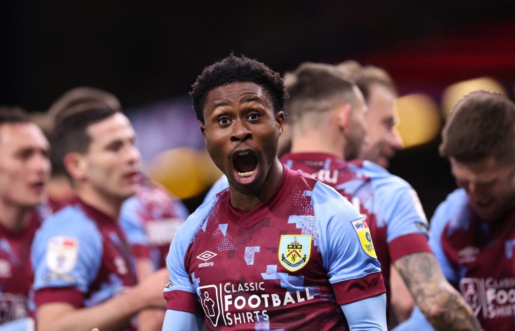 BURNLEY, ENGLAND - APRIL 10: Nathan Tella of Burnley reacts after Johann Berg Gudmundsson scores the opening goal during the Sky Bet Championship between Burnley and Sheffield United at Turf Moor on April 10, 2023 in Burnley, England. (Photo by Alex Livesey/Getty Images)