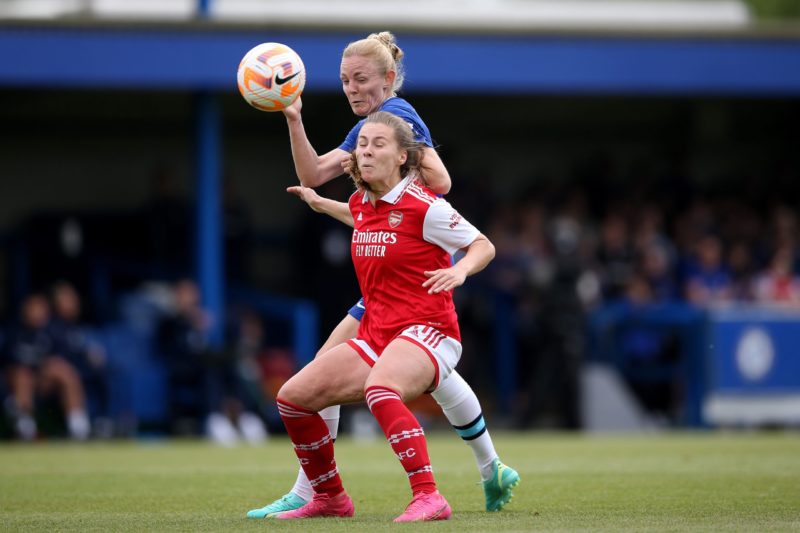 KINGSTON UPON THAMES, ENGLAND - MAY 21: Victoria Pelova of Arsenal and Sophie Ingle of Chelsea battle for possession during the FA Women's Super League match between Chelsea and Arsenal at Kingsmeadow on May 21, 2023 in Kingston upon Thames, England. (Photo by Steve Bardens/Getty Images)