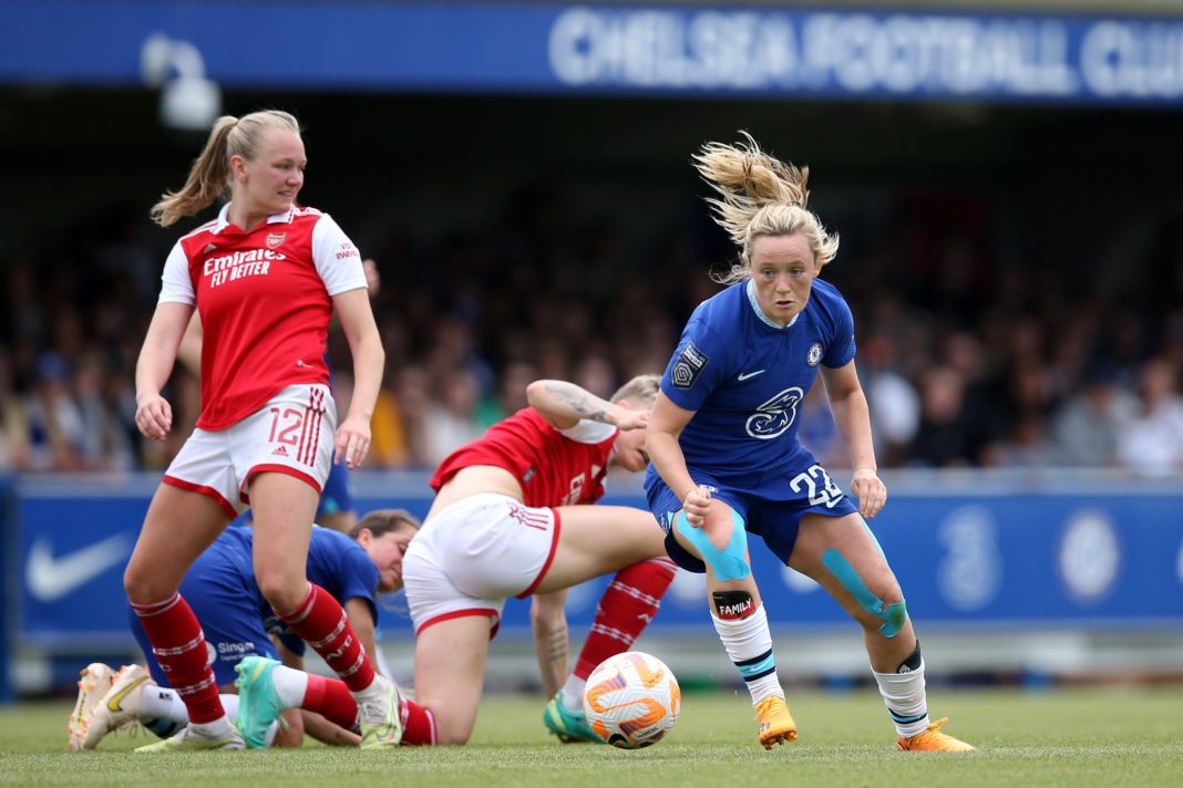 KINGSTON UPON THAMES, ENGLAND - MAY 21: Erin Cuthbert of Chelsea runs with the ball during the FA Women's Super League match between Chelsea and Arsenal at Kingsmeadow on May 21, 2023 in Kingston upon Thames, England. (Photo by Steve Bardens/Getty Images)