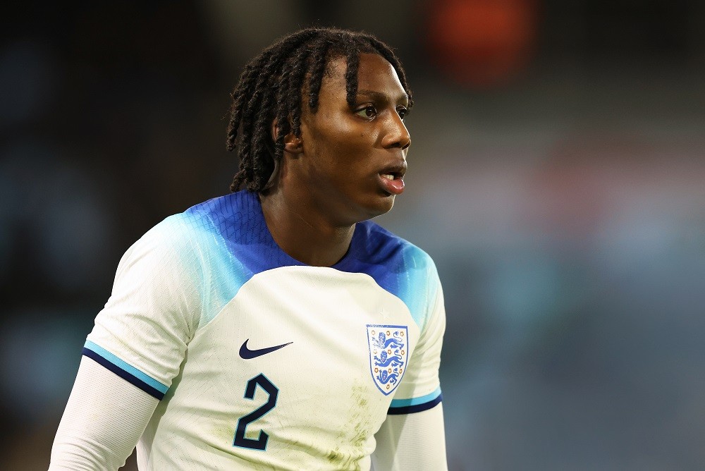 MANCHESTER, ENGLAND: Brooke Norton-Cuffy of England during the International Friendly between England U20s and Germany U20s at Manchester City Academy Stadium on March 22, 2023. (Photo by Matt McNulty/Getty Images)