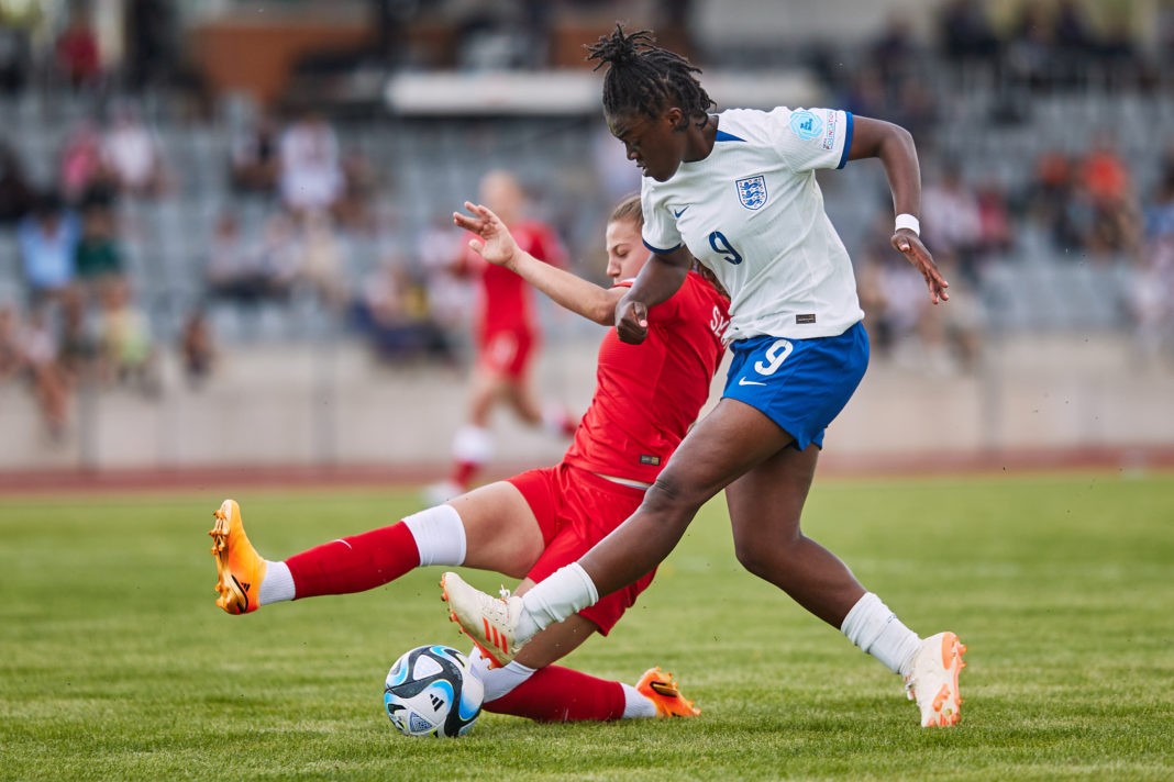 UNSPECIFIED, ESTONIA - MAY 14: Michelle Agyemang of England competes with Emilia Szymczak of Poland during the UEFA Women's European Under-17 Championship 2022/23 Group B match between England and Poland at Voru Spordikeskuse staadion on May 14, 2023 in Voru, Estonia. (Photo by Joosep Martinson/Getty Images )