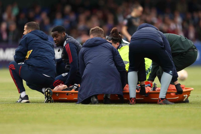 Lia Walti injury update - LIVERPOOL, ENGLAND - MAY 17: Lia Walti of Arsenal is stretchered off after an injury  during the FA Women's Super League match between Everton FC and Arsenal at Walton Hall Park on May 17, 2023 in Liverpool, England. (Photo by Naomi Baker/Getty Images)