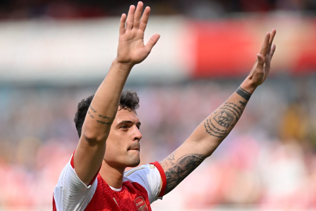Arsenal news and gossip - Arsenal's Swiss midfielder Granit Xhaka celebrates after scoring the opening goal during the English Premier League football match between Arsenal and Wolverhampton Wanderers at the Emirates Stadium in London on May 28, 2023. (Photo by GLYN KIRK/AFP via Getty Images)