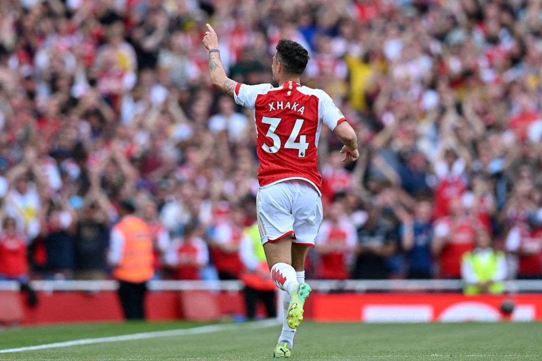 Arsenal news and gossip - Arsenal's Swiss midfielder Granit Xhaka celebrates his second goal during the English Premier League football match between Arsenal and Wolverhampton Wanderers at the Emirates Stadium in London on May 28, 2023. (Photo by GLYN KIRK/AFP via Getty Images)