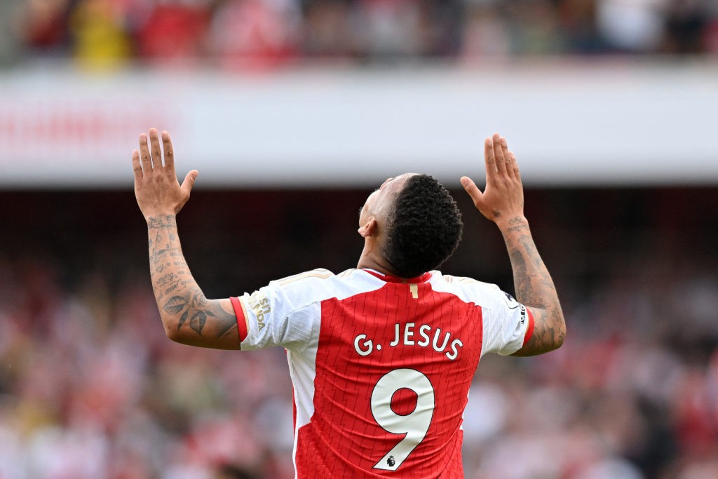 Arsenal's Brazilian striker Gabriel Jesus celebrates scoring his team's fourth goal during the English Premier League football match between Arsenal and Wolverhampton Wanderers at the Emirates Stadium in London on May 28, 2023.(Photo by GLYN KIRK/AFP via Getty Images)