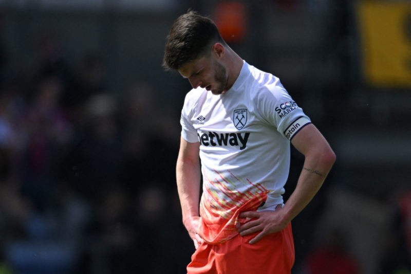 West Ham United's English midfielder Declan Rice reacts to their defeat on the pitch after the English Premier League football match between Crystal Palace and West Ham United at Selhurst Park in south London on April 29, 2023. - Crystal Palace won the game 4-3. (Photo by JUSTIN TALLIS/AFP via Getty Images)