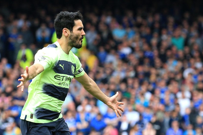 Arsenal transfers - Manchester City's German midfielder Ilkay Gundogan celebrates scoring his team's third goal during the English Premier League football match between Everton and Manchester City at Goodison Park in Liverpool, north west England on May 14, 2023. (Photo by LINDSEY PARNABY/AFP via Getty Images)