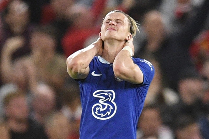 Chelsea's English midfielder Conor Gallagher reacts to conceding their third goal during the English Premier League football match between Manchester United and Chelsea at Old Trafford in Manchester, north west England, on May 25, 2023.  (Photo by OLI SCARFF/AFP via Getty Images)