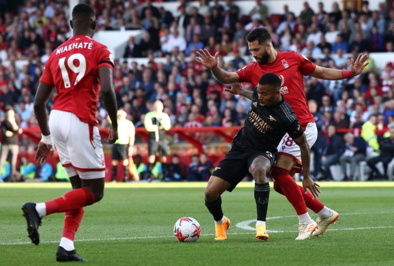 Arsenal's Brazilian striker Gabriel Jesus (C) shileds the ball from Nottingham Forest's Brazilian defender Felipe (R) during the English Premier League football match between Nottingham Forest and Arsenal at The City Ground in Nottingham, central England, on May 20, 2023. (Photo by DARREN STAPLES/AFP via Getty Images)