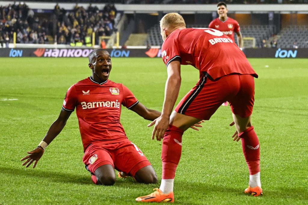 Leverkusen's French forward Moussa Diaby (L) and Leverkusen's Dutch defender Mitchel Bakker celebrate after scoring a goal during the UEFA Europa League quarter-final second-leg football match between Union Saint-Gilloise and Bayer Leverkusen at the Anderlecht Stadium in Brussels, on April 20, 2023. (Photo by LAURIE DIEFFEMBACQ/BELGA/AFP via Getty Images)