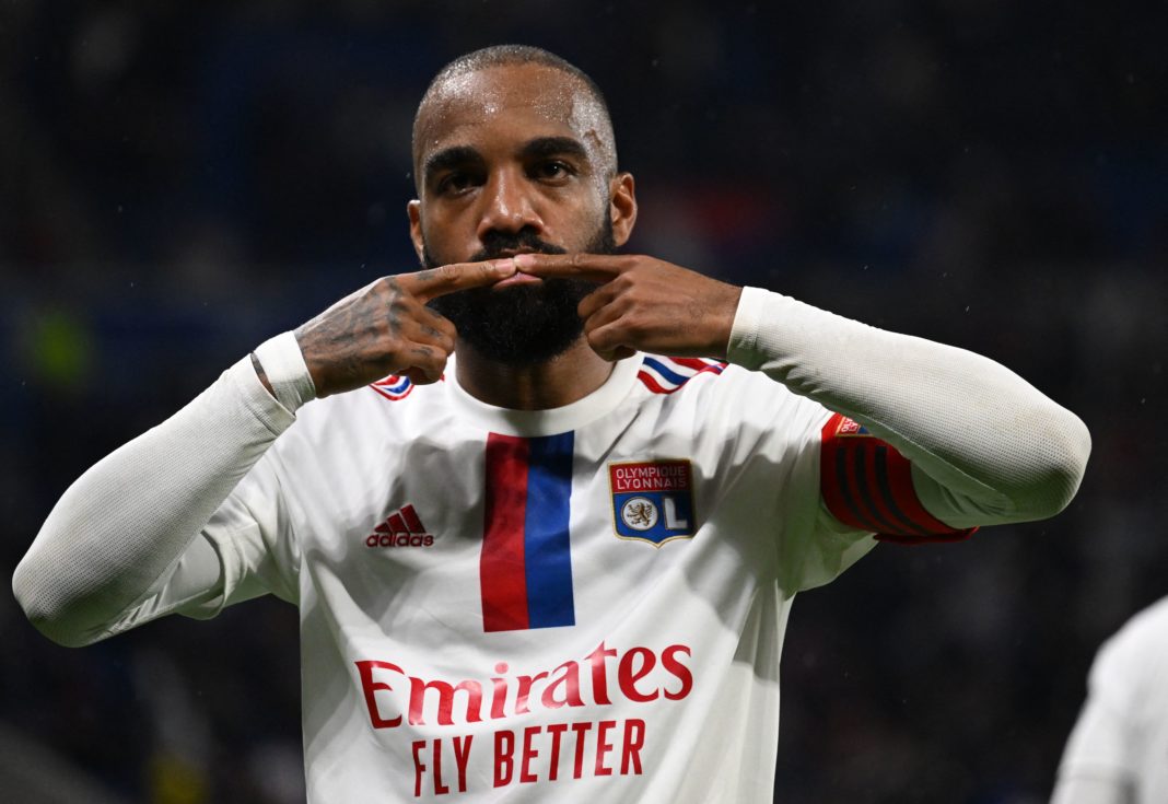 Lyon's French forward Alexandre Lacazette celebrates scoring his team's first goal during the French L1 football match between Olympique Lyonnais (OL) and AS Monaco at The Groupama Stadium in Decines-Charpieu, central-eastern France on May 19, 2023. (Photo by JEAN-PHILIPPE KSIAZEK / AFP) (Photo by JEAN-PHILIPPE KSIAZEK/AFP via Getty Images)