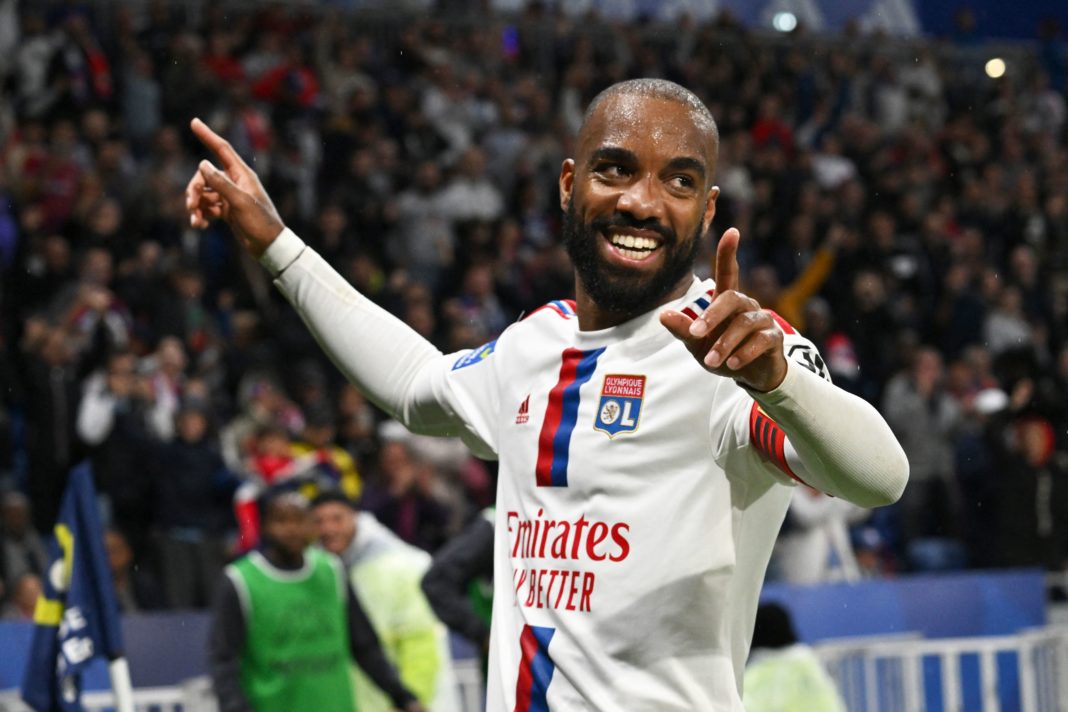 Lyon's French forward Alexandre Lacazette celebrates scoring his team's first goal during the French L1 football match between Olympique Lyonnais (OL) and AS Monaco at The Groupama Stadium in Decines-Charpieu, central-eastern France on May 19, 2023. (Photo by JEAN-PHILIPPE KSIAZEK / AFP) (Photo by JEAN-PHILIPPE KSIAZEK/AFP via Getty Images)