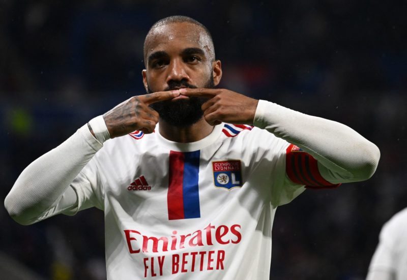 Lyon's French forward Alexandre Lacazette celebrates scoring his team's first goal during the French L1 football match between Olympique Lyonnais (OL) and AS Monaco at The Groupama Stadium in Decines-Charpieu, central-eastern France on May 19, 2023. (Photo by JEAN-PHILIPPE KSIAZEK/AFP via Getty Images)