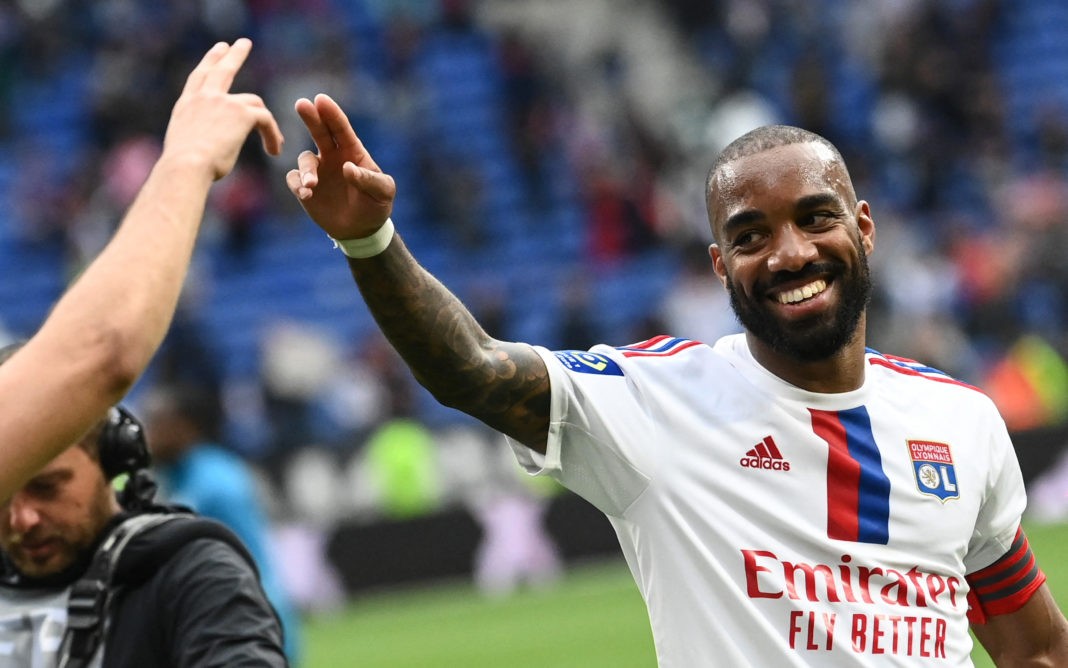 Lyon's French forward Alexandre Lacazette celebrates after winning the French L1 football match between Olympique Lyonnais (OL) and Montpellier Herault SC at The Groupama Stadium in Decines-Charpieu, central-eastern France on May 7, 2023. (Photo by OLIVIER CHASSIGNOLE / AFP) (Photo by OLIVIER CHASSIGNOLE/AFP via Getty Images)