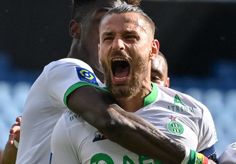 Saint-Etienne's French defender Mathieu Debuchy reacts after scoring a goal during the French L1 football match between Montpellier and Saint-Etienne at the Mosson stadium in Montpellier, southern France, on May 2, 2021. (Photo by Pascal GUYOT / AFP) (Photo by PASCAL GUYOT/AFP via Getty Images)
