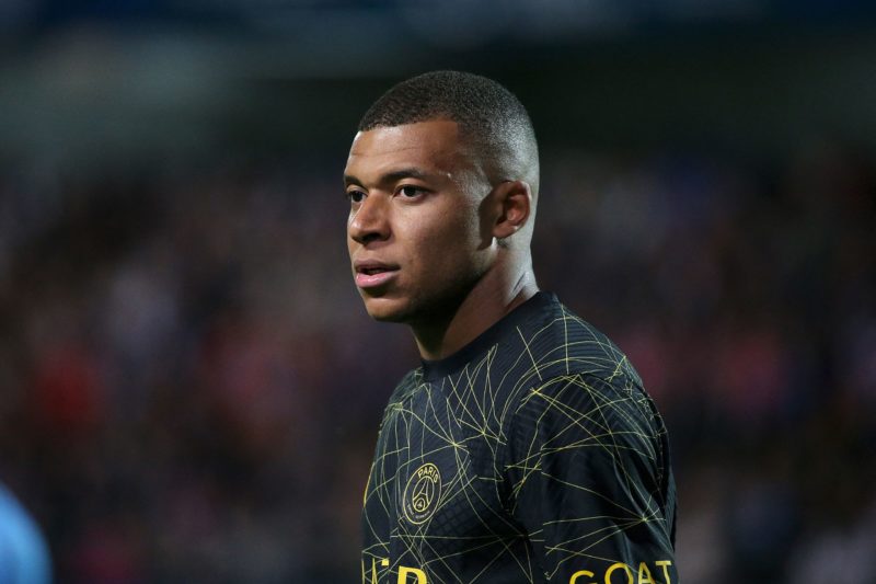 Paris Saint-Germain's French forward Kylian Mbappe looks on during the French L1 football match between ES Troyes AC and Paris Saint-Germain (PSG) at Stade de l'Aube in Troyes, north-eastern France on May 7, 2023.(Photo by FRANCOIS NASCIMBENI/AFP via Getty Images)