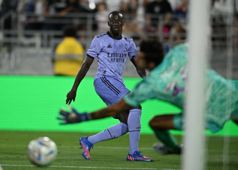 Arsenal transfer news - Real Madrid's French defender Ferland Mendy eyes the ball during the international friendly football match between Real Madrid and Juventus at the Rose Bowl in Pasadena, California, on July 30, 2022 (Photo by ROBYN BECK/AFP via Getty Images)