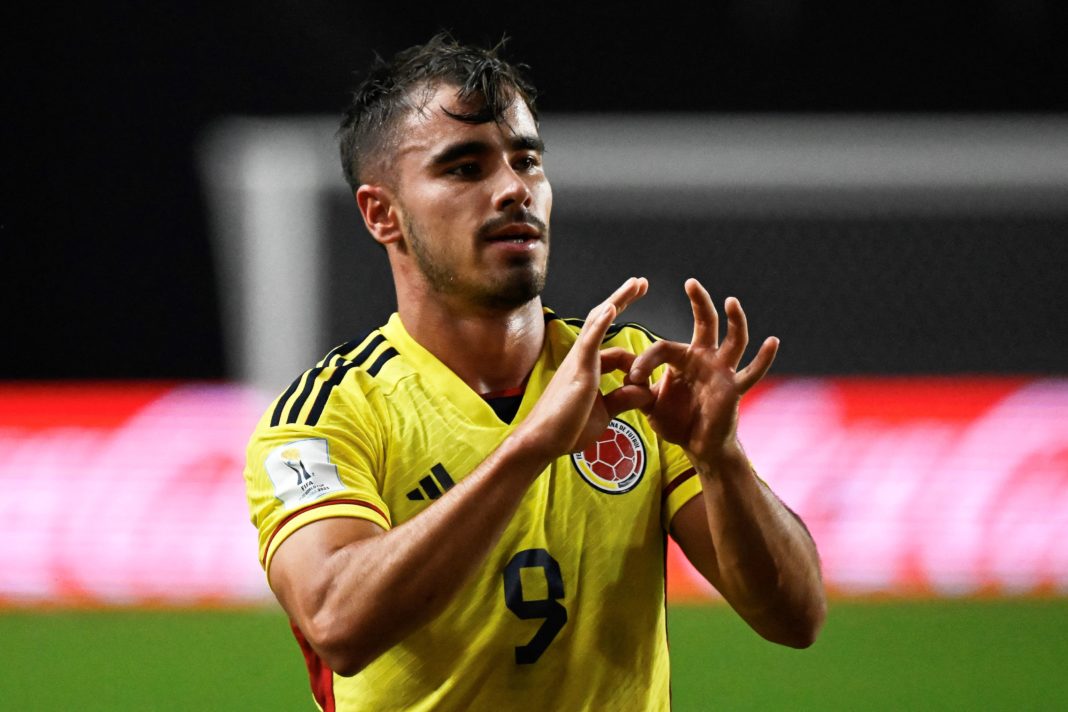Colombia's forward Tomas Angel celebrates after scoring during the Argentina 2023 U-20 World Cup Group C football match between Japon and Colombia at the Diego Armando Maradona stadium in La Plata, Argentina, on May 24, 2023. (Photo by LUIS ROBAYO/AFP via Getty Images)