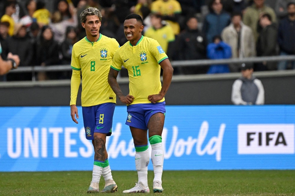 Brazil's midfielder Marlon Gomes (L) and Brazil's forward Marquinhos gesture at the end of the Argentina 2023 U-20 World Cup Group C football match between Brazil and Nigeria at the Diego Armando Maradona stadium in La Plata, Argentina, on May 27, 2023. (Photo by LUIS ROBAYO/AFP via Getty Images)