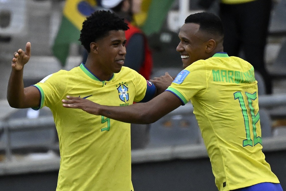 Arsenal news and gossip - Brazil's forward Marquinhos (R) celebrates with Brazil's midfielder Andrey Santos after scoring during the Argentina 2023 U-20 World Cup Group C football match between Brazil and Nigeria at the Diego Armando Maradona stadium in La Plata, Argentina, on May 27, 2023. (Photo by LUIS ROBAYO/AFP via Getty Images)