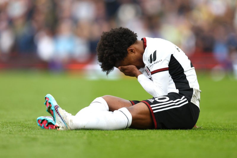 LONDON, ENGLAND - APRIL 22: Willian of Fulham reacts after a challenge during the Premier League match between Fulham FC and Leeds United at Craven Cottage on April 22, 2023 in London, England. (Photo by Clive Rose/Getty Images)