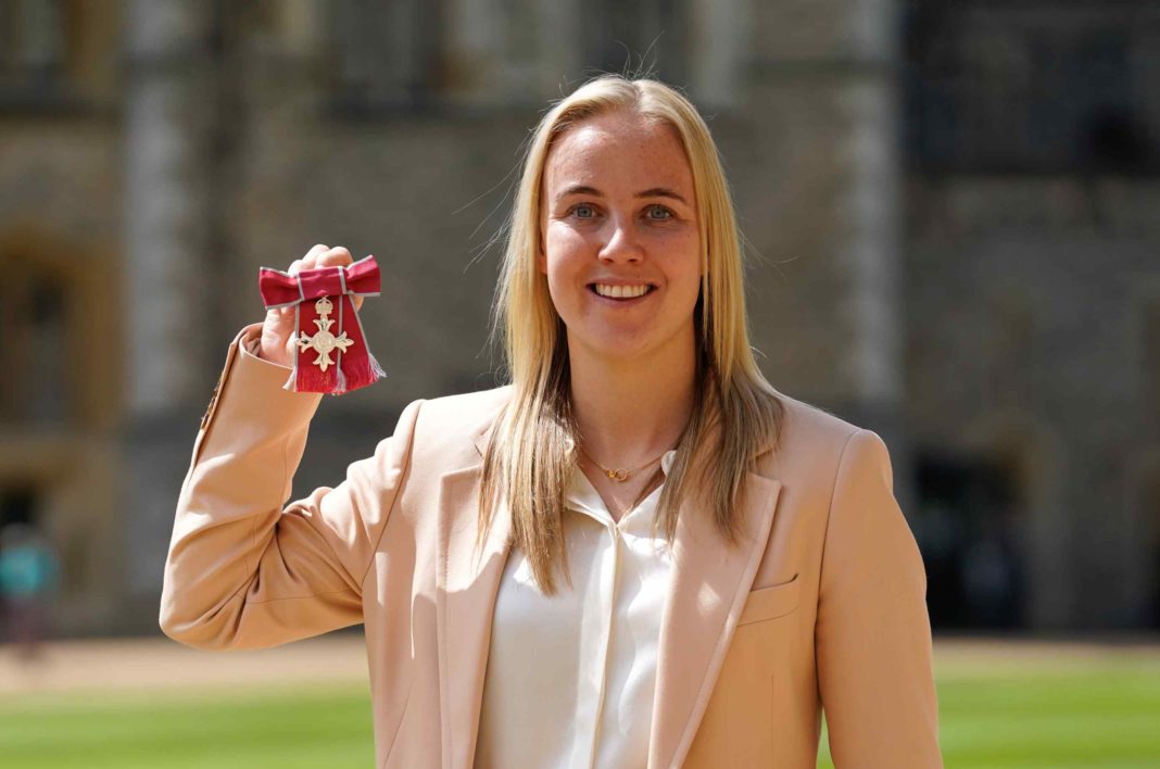 WINDSOR, ENGLAND - MAY 10: Beth Mead poses after being made a Member of the Order of the British Empire (MBE) by the Prince of Wales, for services to football after winning the 2022 European Championship with England, during an investiture ceremony at Windsor Castle on May 10, 2023 in Windsor, United Kingdom. (Photo by Andrew Matthews - WPA Pool/Getty Images)