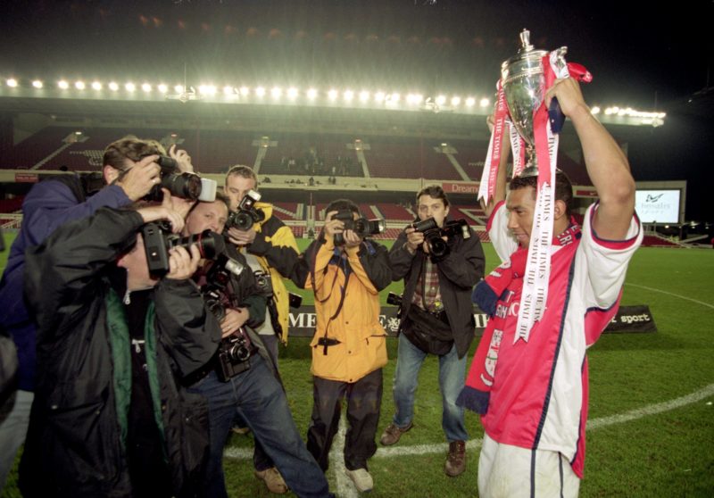 12 May 2000: Jermaine Pennant of Arsenal celebrates with the trophy after the Times FA Youth Cup Final second leg against Coventry City at Highbury in London. Arsenal won the match 2-0. Mandatory Credit: Gary M Prior/Allsport