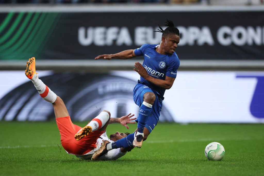 Arsenal transfers - GENT, BELGIUM - APRIL 13: Emerson Palmieri of West Ham United is challenged by Gift Orban of KAA Gent during the UEFA Europa Conference League quarterfinal first leg match between KAA Gent and West Ham United at Ghelamco Arena on April 13, 2023 in Gent, Belgium. (Photo by Alex Grimm/Getty Images)