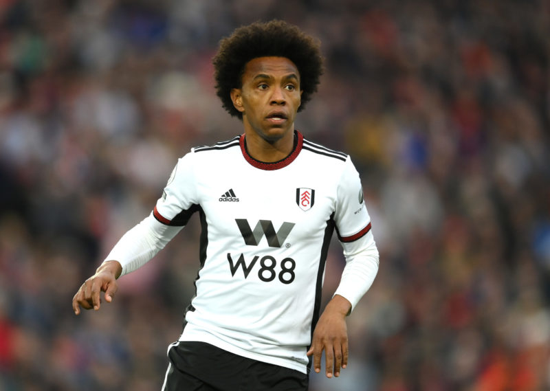 LIVERPOOL, ENGLAND - MAY 03:  Willian of Fulham during the Premier League match between Liverpool FC and Fulham FC at Anfield on May 03, 2023 in Liverpool, England. (Photo by Shaun Botterill/Getty Images)