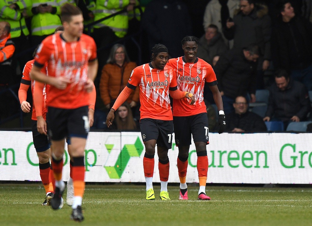 LUTON, ENGLAND: Pelly-Ruddock Mpanzu of Luton Town celebrates scoring their first goal of the match during the Sky Bet Championship match between Luton Town and Stoke City at Kenilworth Road on February 04, 2023. (Photo by Tony Marshall/Getty Images)