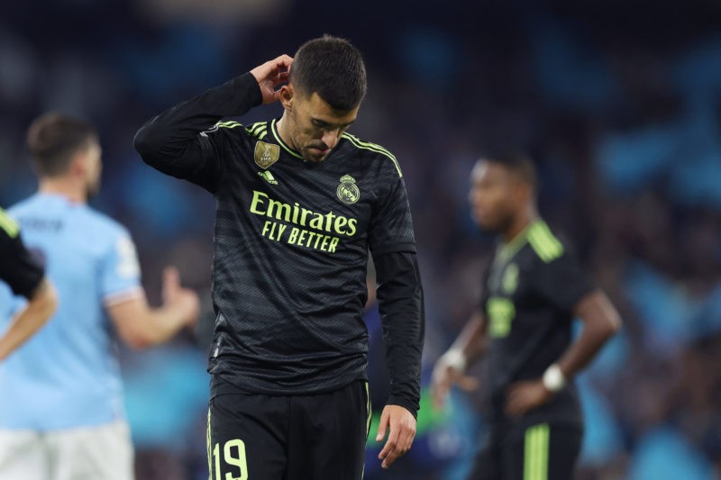 MANCHESTER, ENGLAND - MAY 17: Dani Ceballos of Real Madrid looks dejected following the team's defeat during the UEFA Champions League semi-final second leg match between Manchester City FC and Real Madrid at Etihad Stadium on May 17, 2023 in Manchester, England. (Photo by Clive Brunskill/Getty Images)