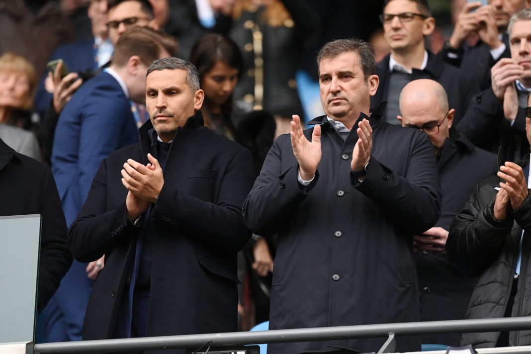 MANCHESTER, ENGLAND - APRIL 01: Manchester City Chairman, Khaldoon Al Mubarak and Manchester City CEO Ferran Soriano look on before the Premier League match between Manchester City and Liverpool FC at Etihad Stadium on April 01, 2023 in Manchester, England. (Photo by Michael Regan/Getty Images)