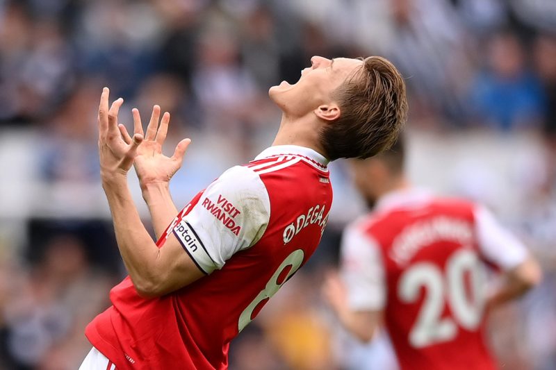 NEWCASTLE UPON TYNE, ENGLAND - MAY 07: Martin Odegaard of Arsenal reacts during the Premier League match between Newcastle United and Arsenal FC at St. James Park on May 07, 2023 in Newcastle upon Tyne, England. (Photo by Stu Forster/Getty Images)