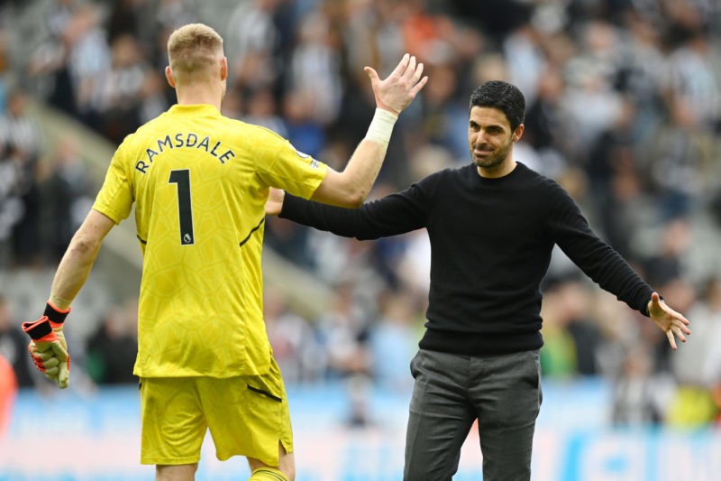 NEWCASTLE UPON TYNE, ENGLAND - MAY 07: Mikel Arteta, Manager of Arsenal, celebrates with Aaron Ramsdale of Arsenal following the Premier League match between Newcastle United and Arsenal FC at St. James Park on May 07, 2023 in Newcastle upon Tyne, England. (Photo by Michael Regan/Getty Images)