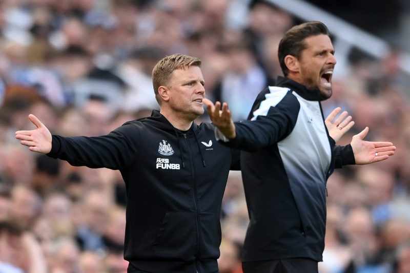 NEWCASTLE UPON TYNE, ENGLAND - MAY 07: Eddie Howe, Manager of Newcastle United, and Jason Tindall, Assistant Manager of Newcastle United, react during the Premier League match between Newcastle United and Arsenal FC at St. James Park on May 07, 2023 in Newcastle upon Tyne, England. (Photo by Stu Forster/Getty Images)