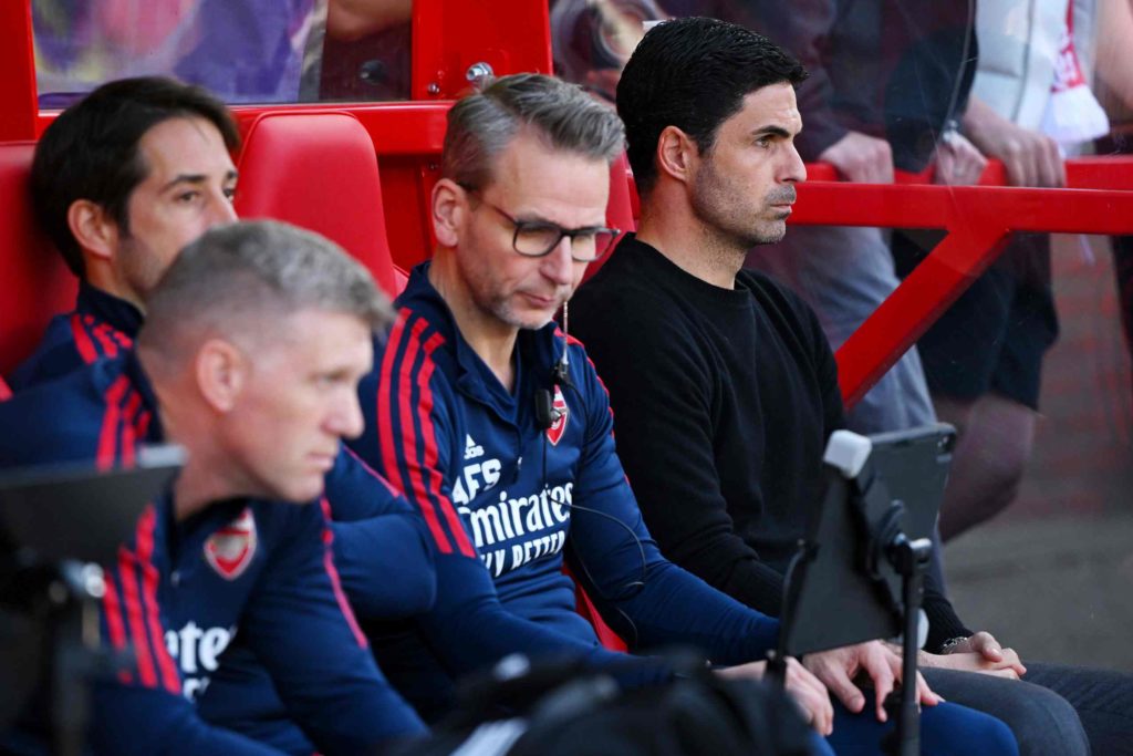 NOTTINGHAM, ENGLAND - MAY 20: Mikel Arteta, Manager of Arsenal, looks on prior to the Premier League match between Nottingham Forest and Arsenal FC at City Ground on May 20, 2023 in Nottingham, England. (Photo by Clive Mason/Getty Images)