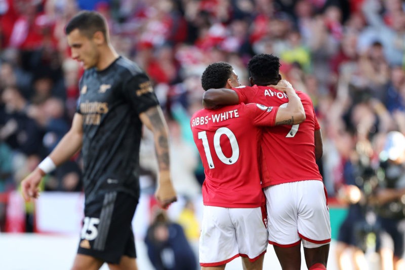 NOTTINGHAM, ENGLAND - MAY 20: Taiwo Awoniyi celebrates with Morgan Gibbs-White of Nottingham Forest after scoring the team's first goal during the Premier League match between Nottingham Forest and Arsenal FC at City Ground on May 20, 2023 in Nottingham, England. (Photo by Catherine Ivill/Getty Images)