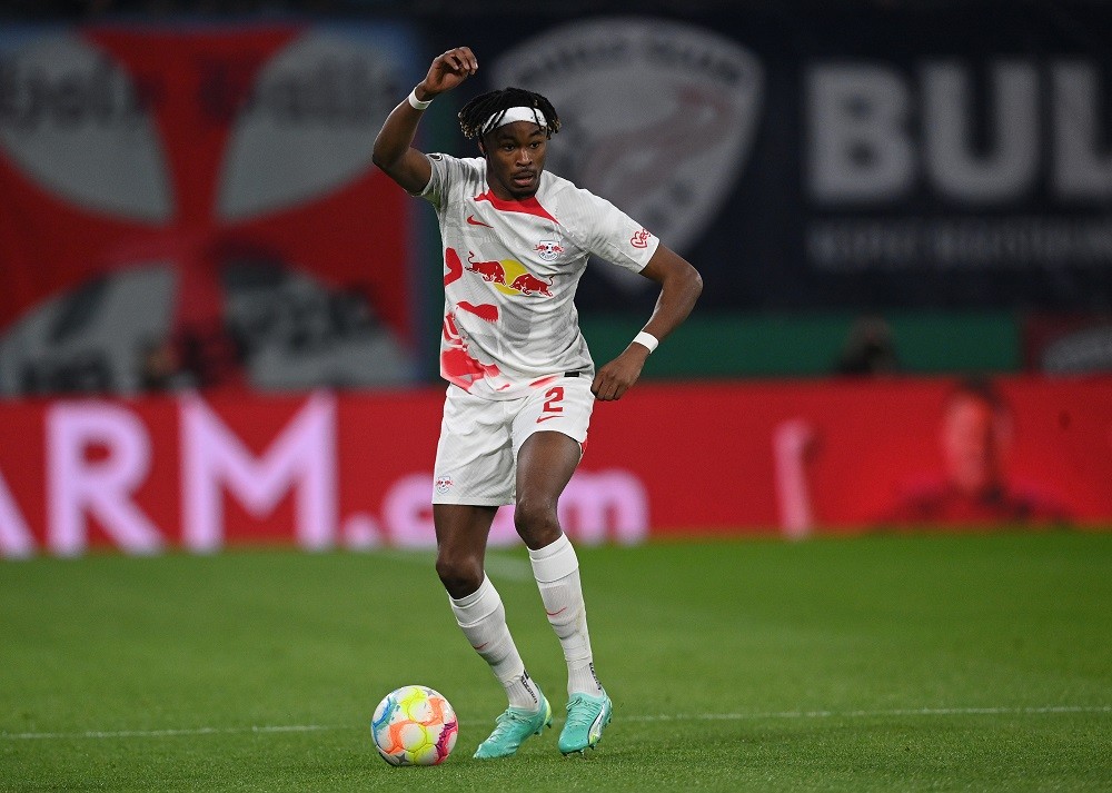 LEIPZIG, GERMANY: Mohamed Simakan of Leipzig in action during the DFB Cup quarterfinal match between RB Leipzig and Borussia Dortmund at Red Bull Arena on April 05, 2023. (Photo by Stuart Franklin/Getty Images)