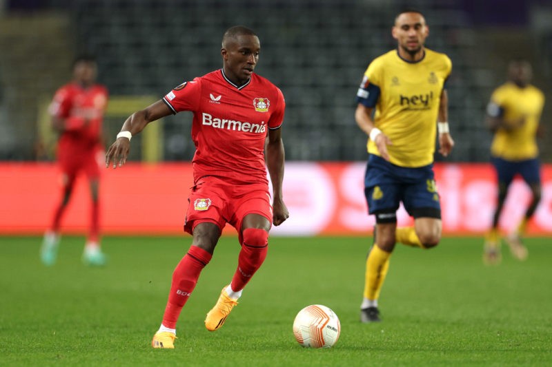 BRUSSELS, BELGIUM - APRIL 20:  Moussa Diaby of Leverkusen   in action during the UEFA Europa League quarterfinal second leg match between Royale Union Saint-Gilloise and Bayer 04 Leverkusen at Stade Joseph Marien on April 20, 2023 in Brussels, Belgium. (Photo by Dean Mouhtaropoulos/Getty Images)