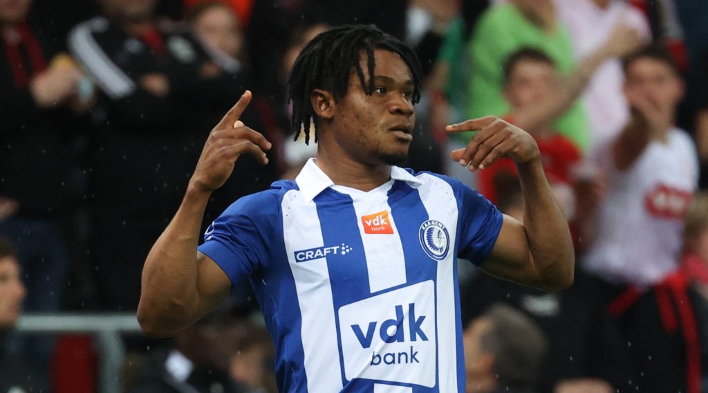 Arsenal transfers - Gent's Gift Emmanuel Orban celebrates after scoring during a soccer match between Standard de Liege and KAA Gent, Saturday 06 May 2023 in Liege, on day 2 (out of 6) of the Europe play-offs in the 'Jupiler Pro League' first division of the Belgian championship. BELGA PHOTO VIRGINIE LEFOUR (Photo by VIRGINIE LEFOUR / BELGA MAG / Belga via AFP) (Photo by VIRGINIE LEFOUR/BELGA MAG/AFP via Getty Images)