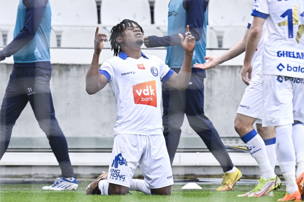 Arsenal transfers - Gent's Gift Emmanuel Orban celebrates after scoring during a soccer match between Cercle Brugge and KAA Gent, Saturday 13 May 2023 in Brugge, on day 3 (out of 6) of the Europe play-offs in the 'Jupiler Pro League' first division of the Belgian championship. BELGA PHOTO TOM GOYVAERTS (Photo by Tom Goyvaerts / BELGA MAG / Belga via AFP) (Photo by TOM GOYVAERTS/BELGA MAG/AFP via Getty Images)