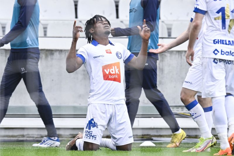 Arsenal transfers - Gent's Gift Emmanuel Orban celebrates after scoring during a soccer match between Cercle Brugge and KAA Gent, Saturday 13 May 2023 in Brugge, on day 3 (out of 6) of the Europe play-offs in the 'Jupiler Pro League' first division of the Belgian championship. (Photo by TOM GOYVAERTS/BELGA MAG/AFP via Getty Images)