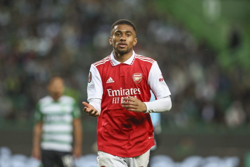 LISBON, PORTUGAL - MARCH 09: Reiss Nelson of Arsenal FC during the UEFA Europa League round of 16 leg one match between Sporting CP and Arsenal FC at Estadio Jose Alvalade on March 9, 2023 in Lisbon, Portugal. (Photo by Carlos Rodrigues/Getty Images)