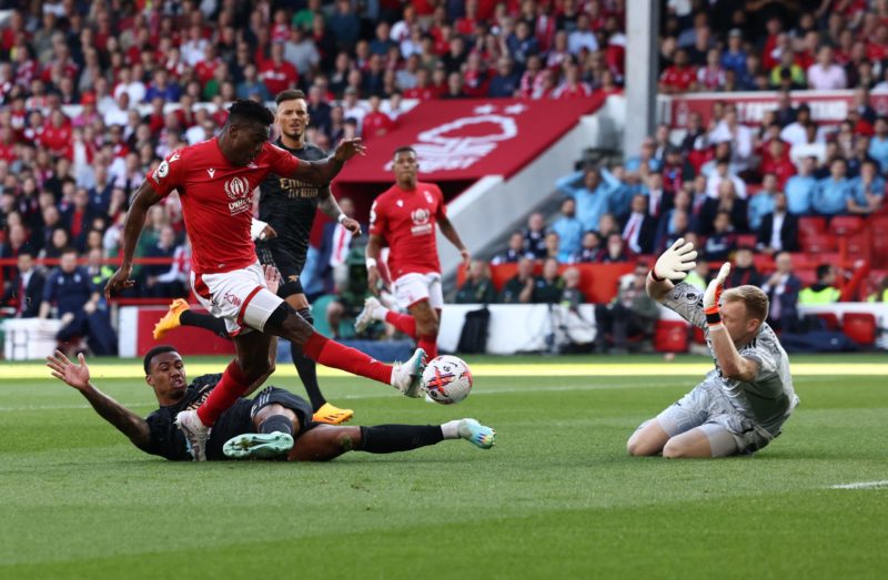 TOPSHOT - Nottingham Forest's Nigerian striker Taiwo Awoniyi scores the opening goal during the English Premier League football match between Nottingham Forest and Arsenal at The City Ground in Nottingham, central England, on May 20, 2023. (Photo by DARREN STAPLES/AFP via Getty Images)