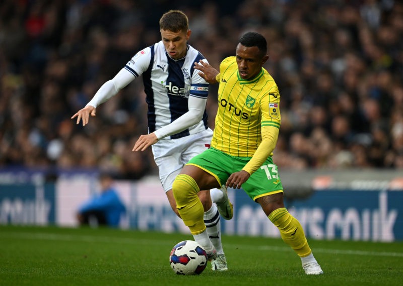 WEST BROMWICH, ENGLAND - APRIL 29: Marquinhos of Norwich City is put under pressure by Conor Townsend of West Bromwich Albion during the Sky Bet Championship between West Bromwich Albion and Norwich City at The Hawthorns on April 29, 2023 in West Bromwich, England. (Photo by Clive Mason/Getty Images)