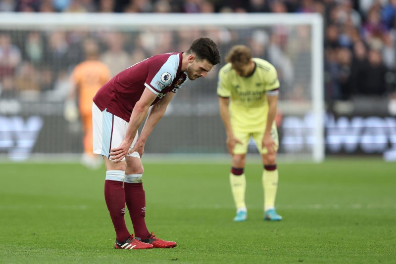 Arsenal transfers - LONDON, ENGLAND - MAY 01: Declan Rice of West Ham reacts during the Premier League match between West Ham United and Arsenal at London Stadium on May 01, 2022 in London, England. (Photo by Julian Finney/Getty Images)