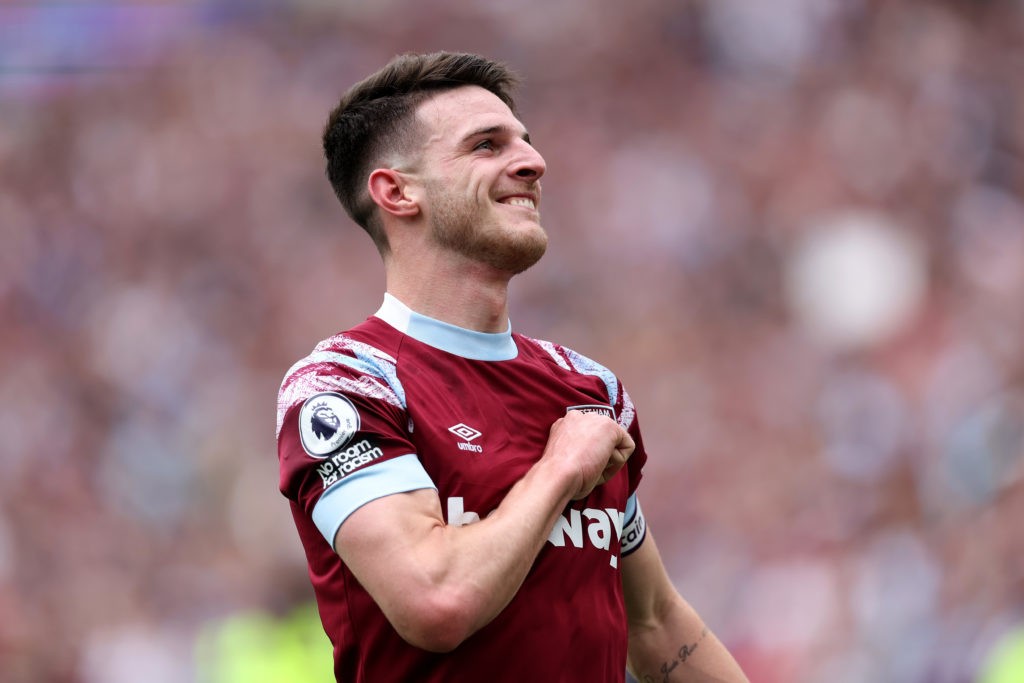 Declan Rice Arsenal transfers - LONDON, ENGLAND - MAY 21: Declan Rice of West Ham United celebrates after scoring the team's first goal during the Premier League match between West Ham United and Leeds United at London Stadium on May 21, 2023 in London, England. (Photo by Julian Finney/Getty Images)